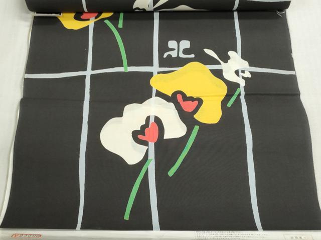 平和屋着物＊夏物　浴衣　反物　着尺　Courreges クレージュ　注染　草花文　黒地　綿　逸品　未使用　DABG9461we