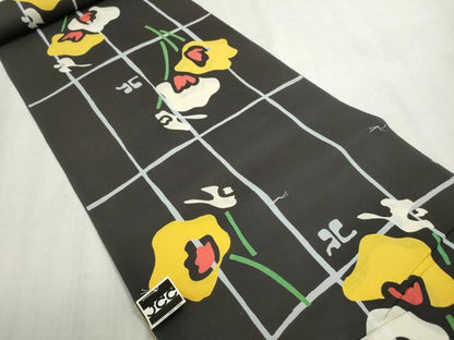平和屋着物＊夏物　浴衣　反物　着尺　Courreges クレージュ　注染　草花文　黒地　綿　逸品　未使用　DABG9461we