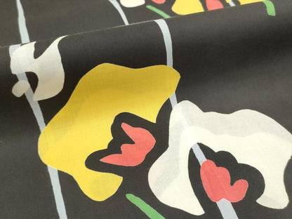 平和屋着物＊夏物　浴衣　反物　着尺　Courreges クレージュ　注染　草花文　黒地　綿　逸品　未使用　DABG9461we