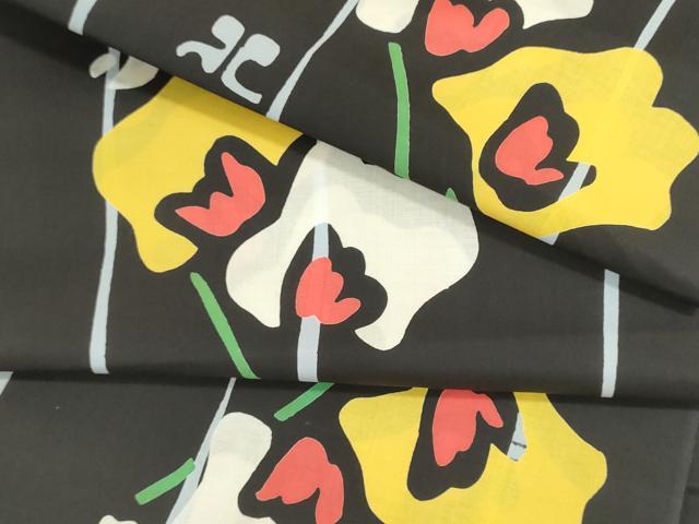 平和屋着物＊夏物　浴衣　反物　着尺　Courreges クレージュ　注染　草花文　黒地　綿　逸品　未使用　DABG9461we