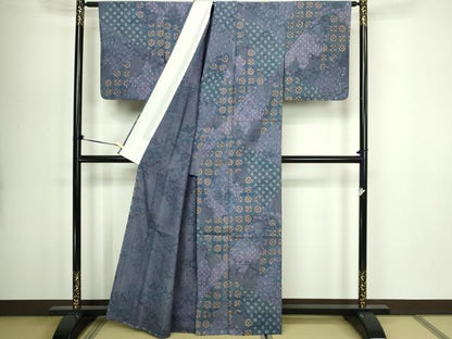 平和屋着物▽上質な小紋　単衣　紬地　花唐草文　正絹　逸品　DABG9542sf