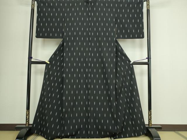 平和屋着物▽上質なお召　単衣　絣文様　黒地　正絹　逸品　DABG9583sf