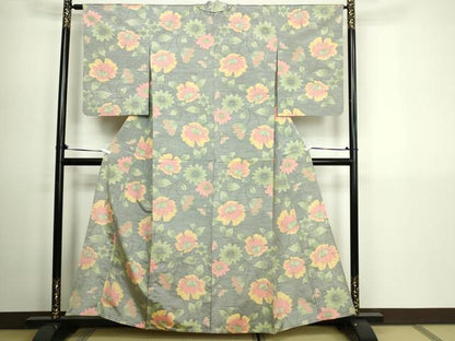 平和屋着物▽上質な紬　単衣　枝花文　正絹　逸品　DABG9601sf