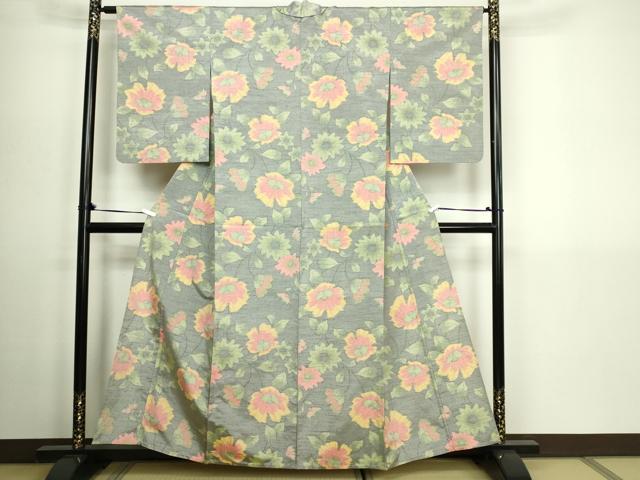 平和屋着物▽上質な紬　単衣　枝花文　正絹　逸品　DABG9601sf