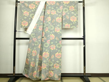 平和屋着物▽上質な紬　単衣　枝花文　正絹　逸品　DABG9601sf