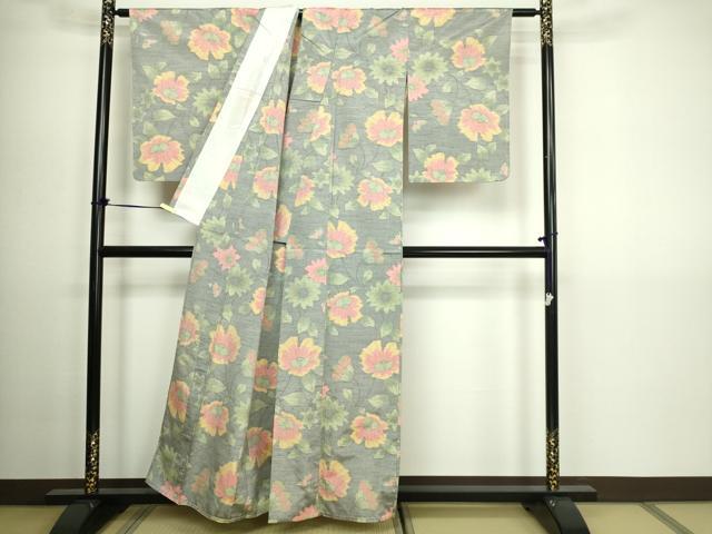 平和屋着物▽上質な紬　単衣　枝花文　正絹　逸品　DABG9601sf