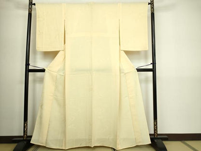 平和屋着物▽上質な色無地　単衣　雲重ね地紋　淡黄色　正絹　逸品　DABG9603sf