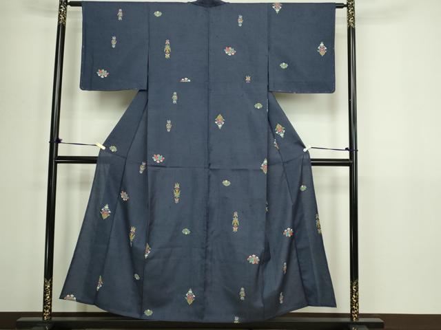 平和屋着物▽上質な小紋　単衣　紬地　洋花文　正絹　逸品　DABG9613sf