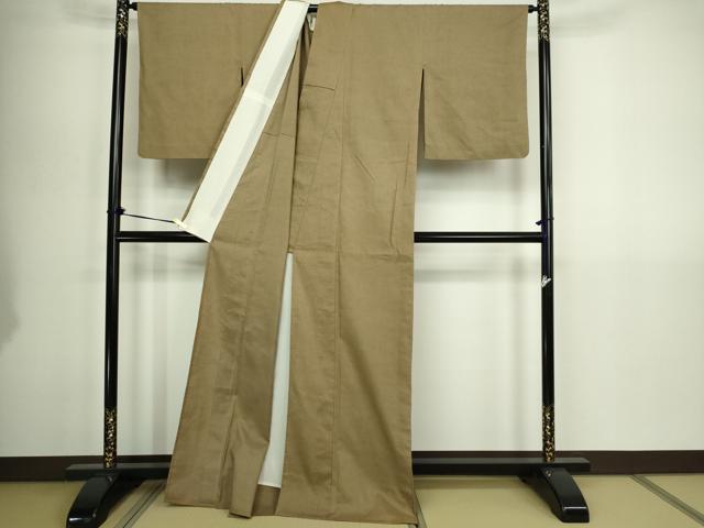 平和屋着物▽結城紬　奥順　はたおり娘　単衣　柿渋袖　国防色　正絹　逸品　DABG9614sf