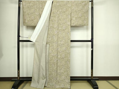 平和屋着物▽上質な小紋　単衣　手おり紬　唐草文　反端付き　正絹　逸品　DABG9616sf