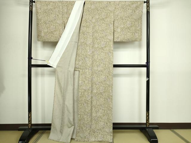 平和屋着物▽上質な小紋　単衣　手おり紬　唐草文　反端付き　正絹　逸品　DABG9616sf