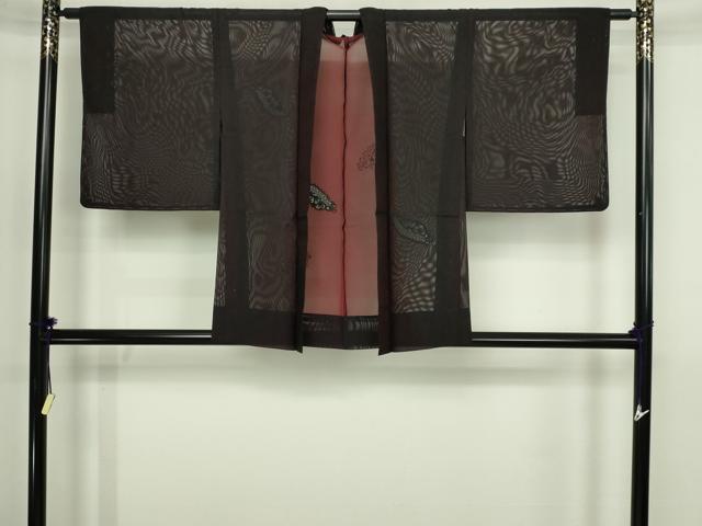 平和屋着物▽羽織　スリーシーズン　春夏秋　塵除け　ドロンワーク　花唐草文　黒地　正絹　逸品　DABG9620sf