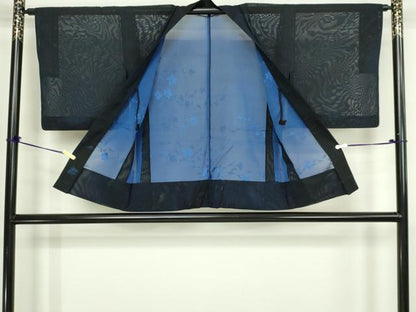 平和屋着物▽羽織　スリーシーズン　春夏秋　塵除け　枝花文　黒地　正絹　逸品　DABG9626sf