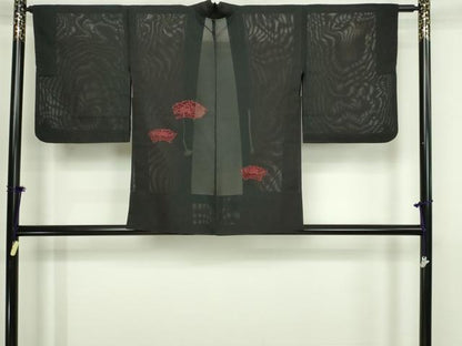 平和屋着物▽羽織　スリーシーズン　春夏秋　塵除け　ドロンワーク　草花文　黒地　正絹　逸品　DABG9633sf