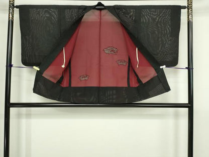 平和屋着物▽羽織　スリーシーズン　春夏秋　塵除け　ドロンワーク　草花文　黒地　正絹　逸品　DABG9633sf