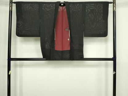 平和屋着物▽羽織　スリーシーズン　春夏秋　塵除け　ドロンワーク　草花文　黒地　正絹　逸品　DABG9633sf