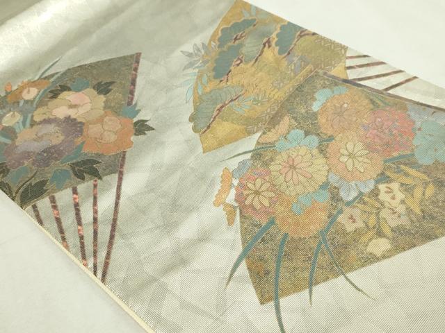平和屋本店▼太鼓柄袋帯　手織　扇面草花文　螺鈿截金箔　正絹　逸品　DABG9696sf