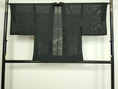 平和屋着物▽羽織　スリーシーズン　春夏秋　塵除け　草葉文　黒地　正絹　逸品　DABG9702sf