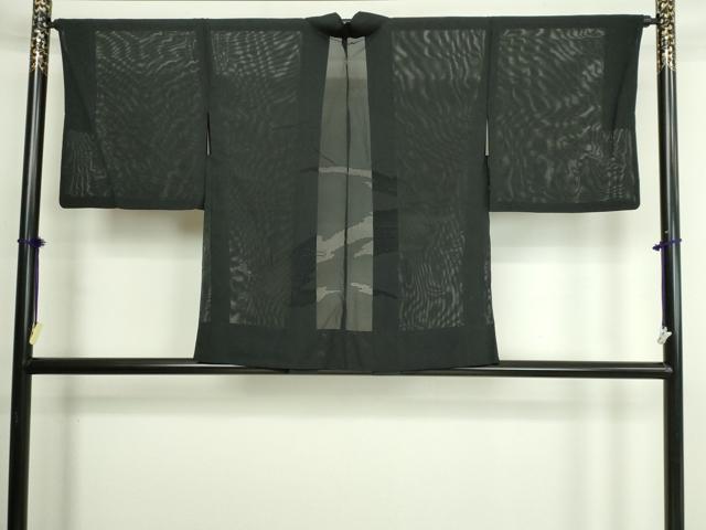 平和屋着物▽羽織　スリーシーズン　春夏秋　塵除け　草葉文　黒地　正絹　逸品　DABG9702sf