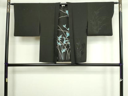平和屋着物▽羽織　スリーシーズン　春夏秋　塵除け　無双　絽袷　絽×絽　草葉文　黒地　金彩　正絹　逸品　DABG9712sf