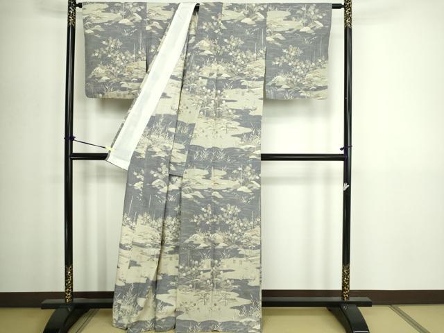 平和屋着物▽染織の名門　しょうざん  生紬　訪問着　単衣　風景文　正絹　逸品　DABG9720sf
