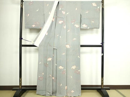 平和屋着物▽上質な小紋　単衣　枝花文　金彩　鬼しぼ縮緬　正絹　逸品　DABG9725sf