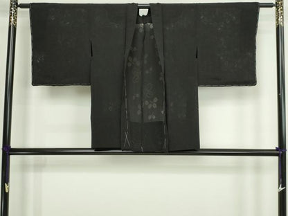 平和屋着物▽羽織　スリーシーズン　春夏秋　塵除け　舞葉文　黒地　正絹　逸品　DABG9733sf