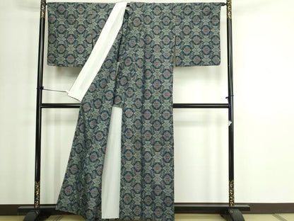 平和屋着物▽上質な紬　単衣　亀甲花文　正絹　逸品　DABG9752sf