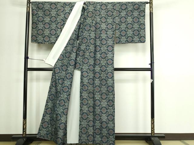 平和屋着物▽上質な紬　単衣　亀甲花文　正絹　逸品　DABG9752sf