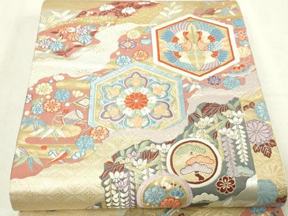 平和屋本店▼六通柄袋帯　唐織　九百錦　亀甲双鶴花文　純金箔　正絹　逸品　DABG9794sf