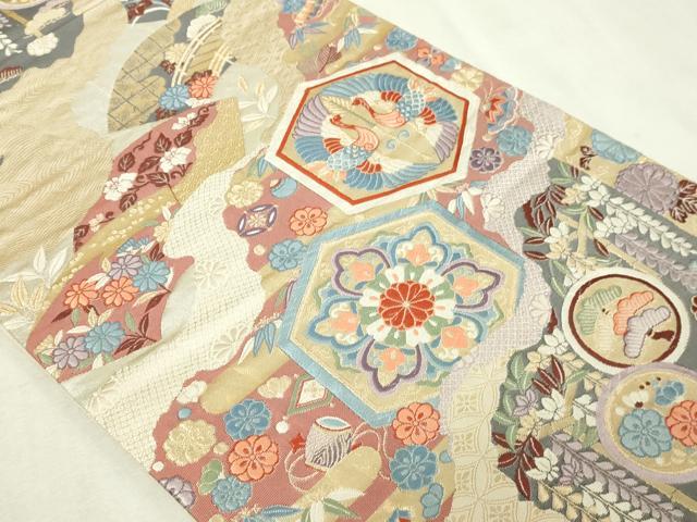 平和屋本店▼六通柄袋帯　唐織　九百錦　亀甲双鶴花文　純金箔　正絹　逸品　DABG9794sf