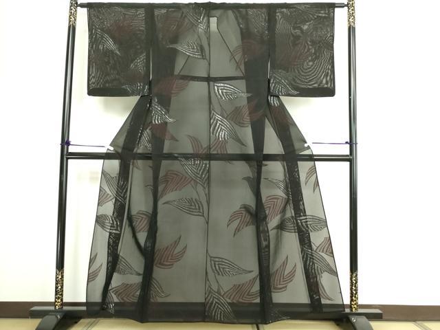 平和屋着物＊夏物　小紋　紗　舞葉文　黒地　銀糸　正絹　逸品　DABG9799sf