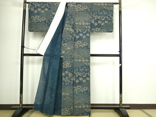 平和屋着物＊夏物　小紋　藍　型染め　紗紬　草花文　正絹　逸品　DABG9800sf
