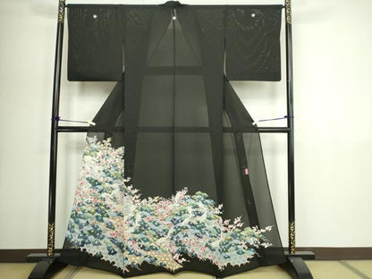 平和屋着物＊夏物　黒留袖　友禅　作家物　絽　飛鶴花文　正絹　逸品　DABG9801sf