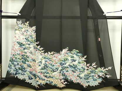 平和屋着物＊夏物　黒留袖　友禅　作家物　絽　飛鶴花文　正絹　逸品　DABG9801sf