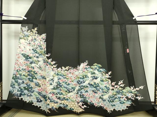 平和屋着物＊夏物　黒留袖　友禅　作家物　絽　飛鶴花文　正絹　逸品　DABG9801sf