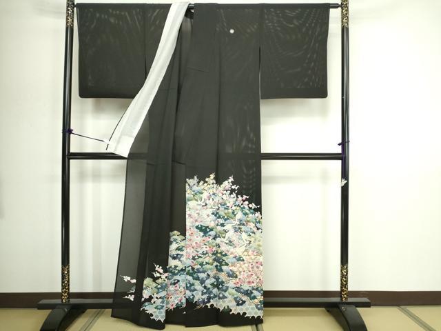 平和屋着物＊夏物　黒留袖　友禅　作家物　絽　飛鶴花文　正絹　逸品　DABG9801sf