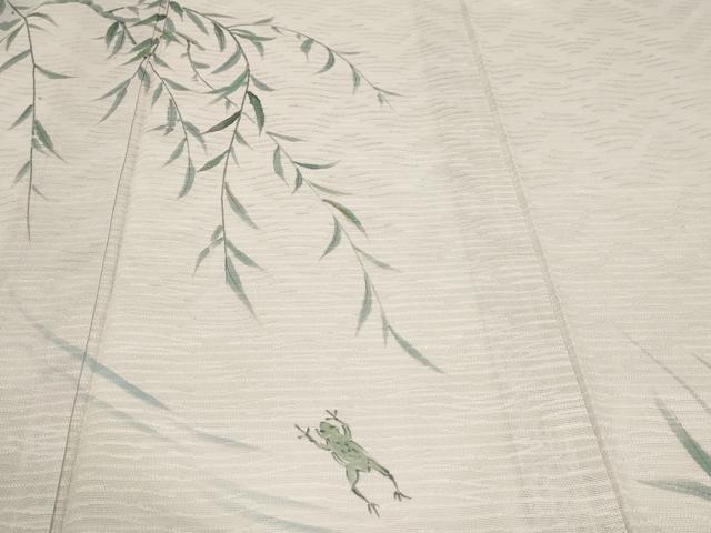 平和屋着物＊夏物　訪問着　手描き　枝葉文　カエル  紋紗　金彩　正絹　逸品　DABG9822sf
