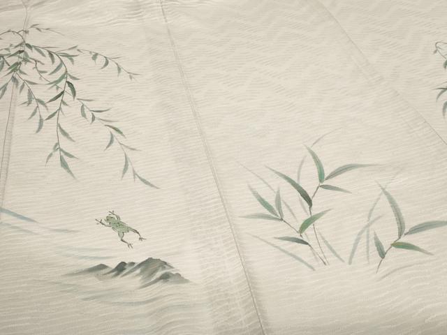 平和屋着物＊夏物　訪問着　手描き　枝葉文　カエル  紋紗　金彩　正絹　逸品　DABG9822sf