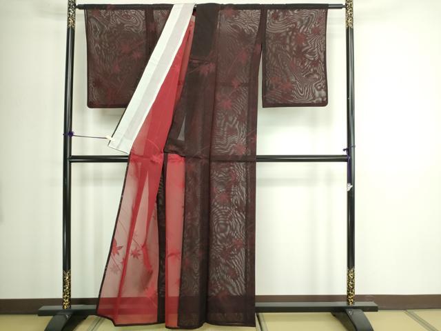 平和屋着物＊夏物　小紋　紗　枝葉文　黒地　正絹　逸品　DABG9825sf