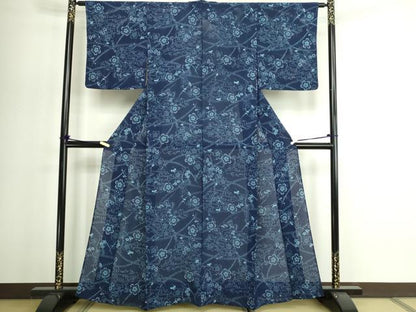 平和屋着物＊夏物　小紋　縦絽　藍　型染め　流水花蝶文　正絹　逸品　DABG9827sf
