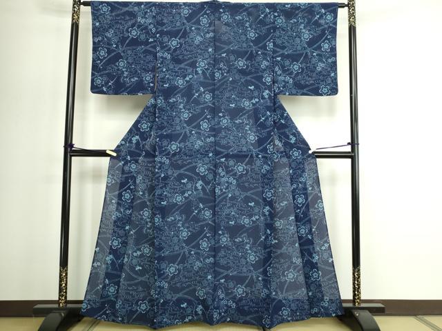 平和屋着物＊夏物　小紋　縦絽　藍　型染め　流水花蝶文　正絹　逸品　DABG9827sf