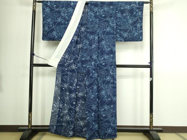 平和屋着物＊夏物　小紋　縦絽　藍　型染め　流水花蝶文　正絹　逸品　DABG9827sf
