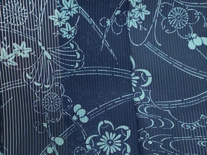 平和屋着物＊夏物　小紋　縦絽　藍　型染め　流水花蝶文　正絹　逸品　DABG9827sf