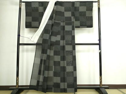 平和屋着物＊夏物　本場大島紬　夏大島　格子　黒地　正絹　逸品　DABG9830sf