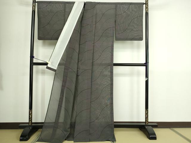 平和屋着物＊夏物　紗紬　よろけ縞　ロング丈　正絹　逸品　DABG9831sf