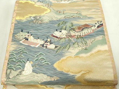 平和屋本店▼六通柄袋帯　三船祭絵図　純金箔　正絹　逸品　DABG9838sf