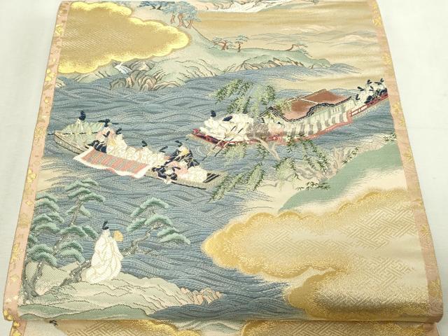 平和屋本店▼六通柄袋帯　三船祭絵図　純金箔　正絹　逸品　DABG9838sf