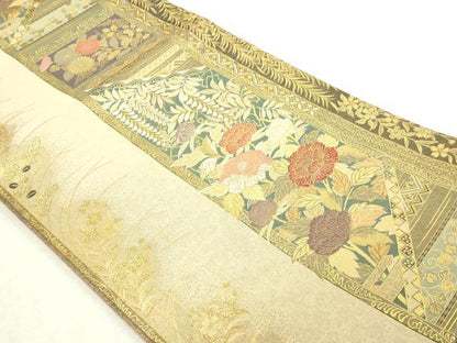平和屋本店▼両面　六通柄袋帯　草花文　本金箔　正絹　逸品　DABG9844sf