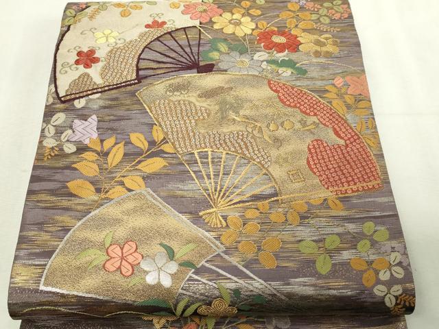 平和屋本店▼「美しいキモノ」お馴染みのメーカー　となみ織物　六通柄袋帯　扇面草花文　純金箔　正絹　逸品　DABG9866sf